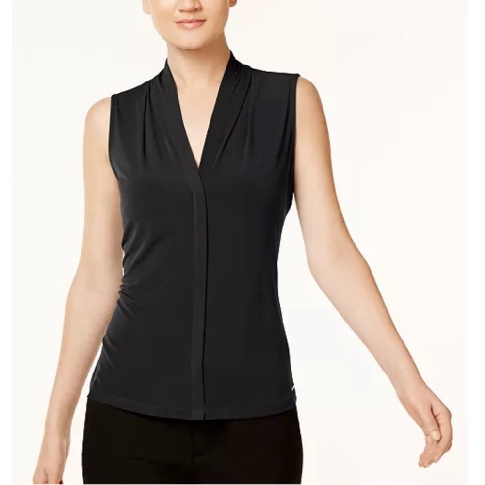 NWT Calvin Klein Matte Jersey V-Neck Shoulder Pleat Sleeveless Top
